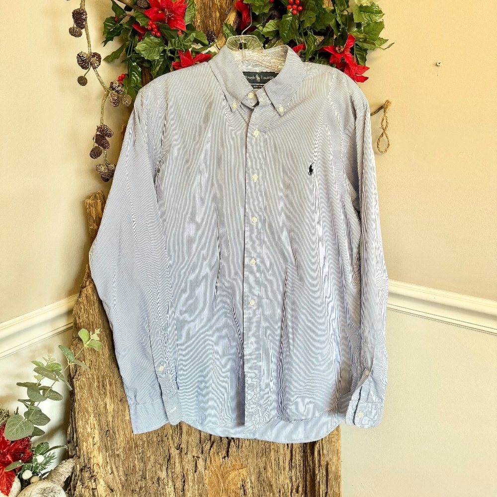 Men's Long Sleeve Blue & White Stripe Polo Ralph Lauren Button Up Size Medium